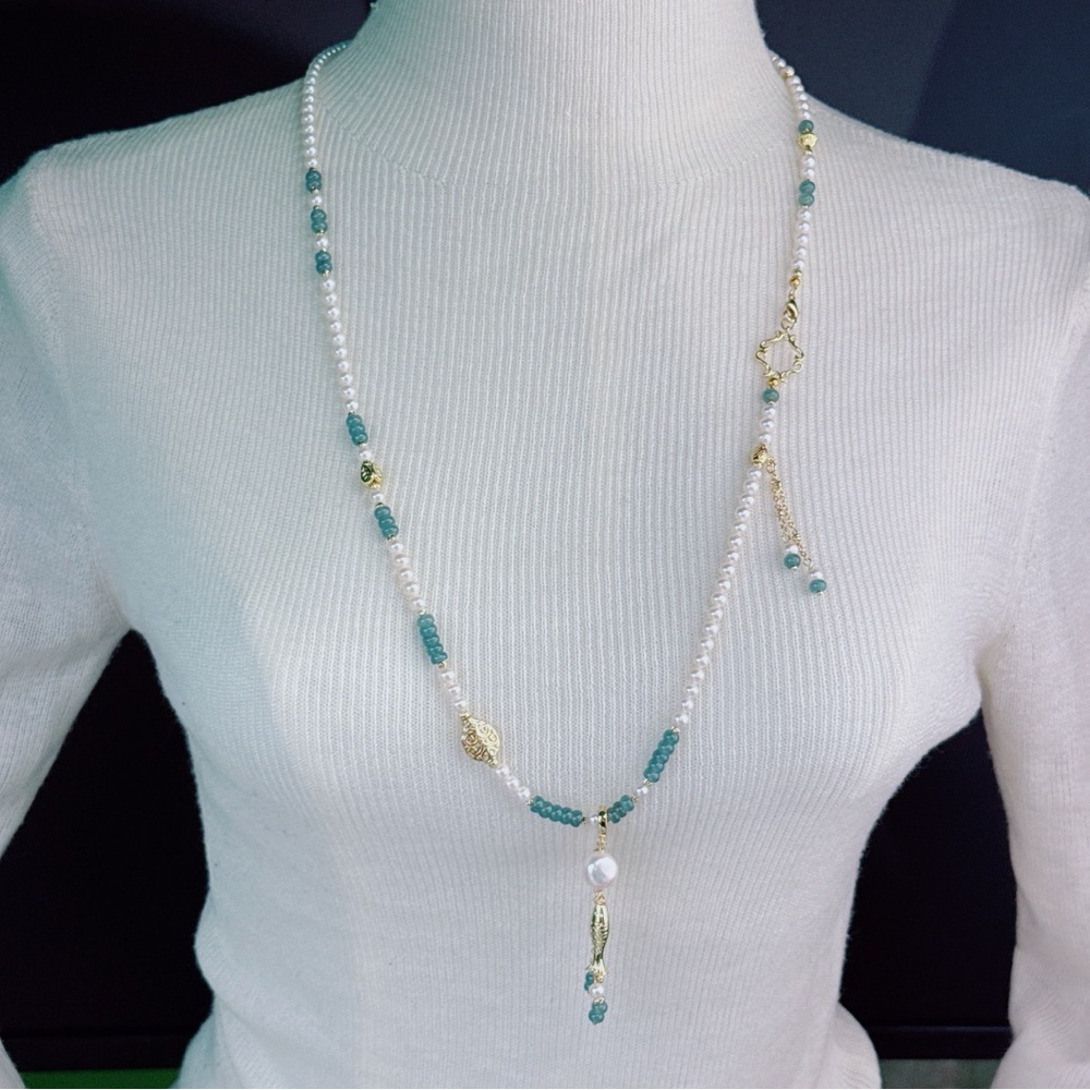 X668 Handmade High Quality Freshwater Pearl Jade Long Necklace and Bracelet Set - Picture 7 of 11